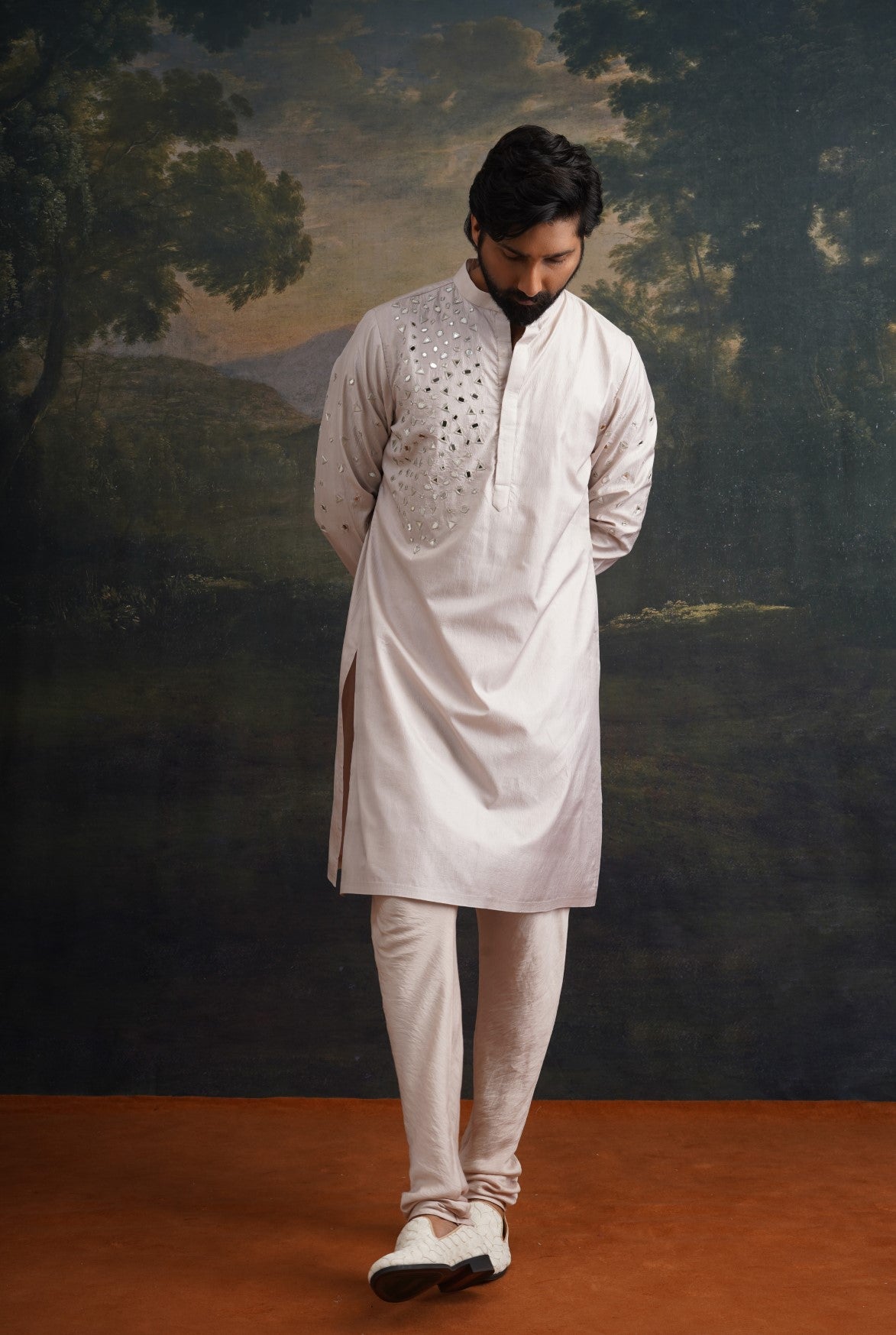 Champagne Hand embroidered Mirror Work Kurta with Matching Pyjama image 4
