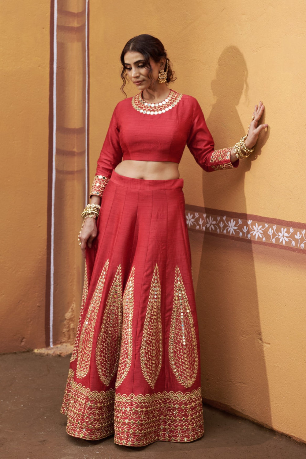 Kalidar red hand embroidered lehenga with blouse and dupatta image 0