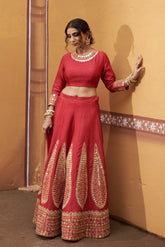 Kalidar red hand embroidered lehenga with blouse and dupatta image 0