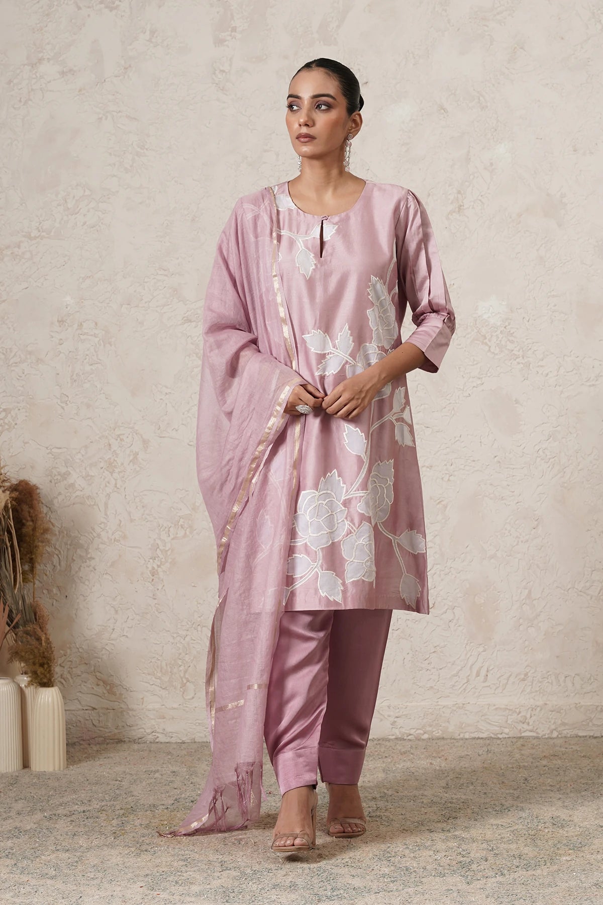 Mogra Floral Motif Kurta Set with Pants & Dupatta | Mauve Pink | Chanderi & Satin | Women | THETAA