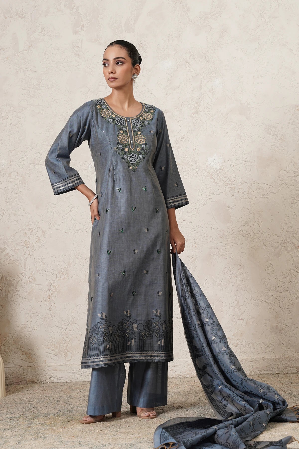 Parwaaz Hand-Embroidered Kurta Set with Pants & Dupatta | Slate Blue | Chanderi & Satin | Women | THETAA