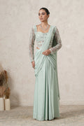 Jharokha Pre-Draped Saree with Hand-Embroidered Corset Blouse | Mint Green | Imported Net | Women | THETAA