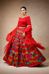 Hand Embroidred Lehenga With Drape Blouse And Feather Dupatta image 3