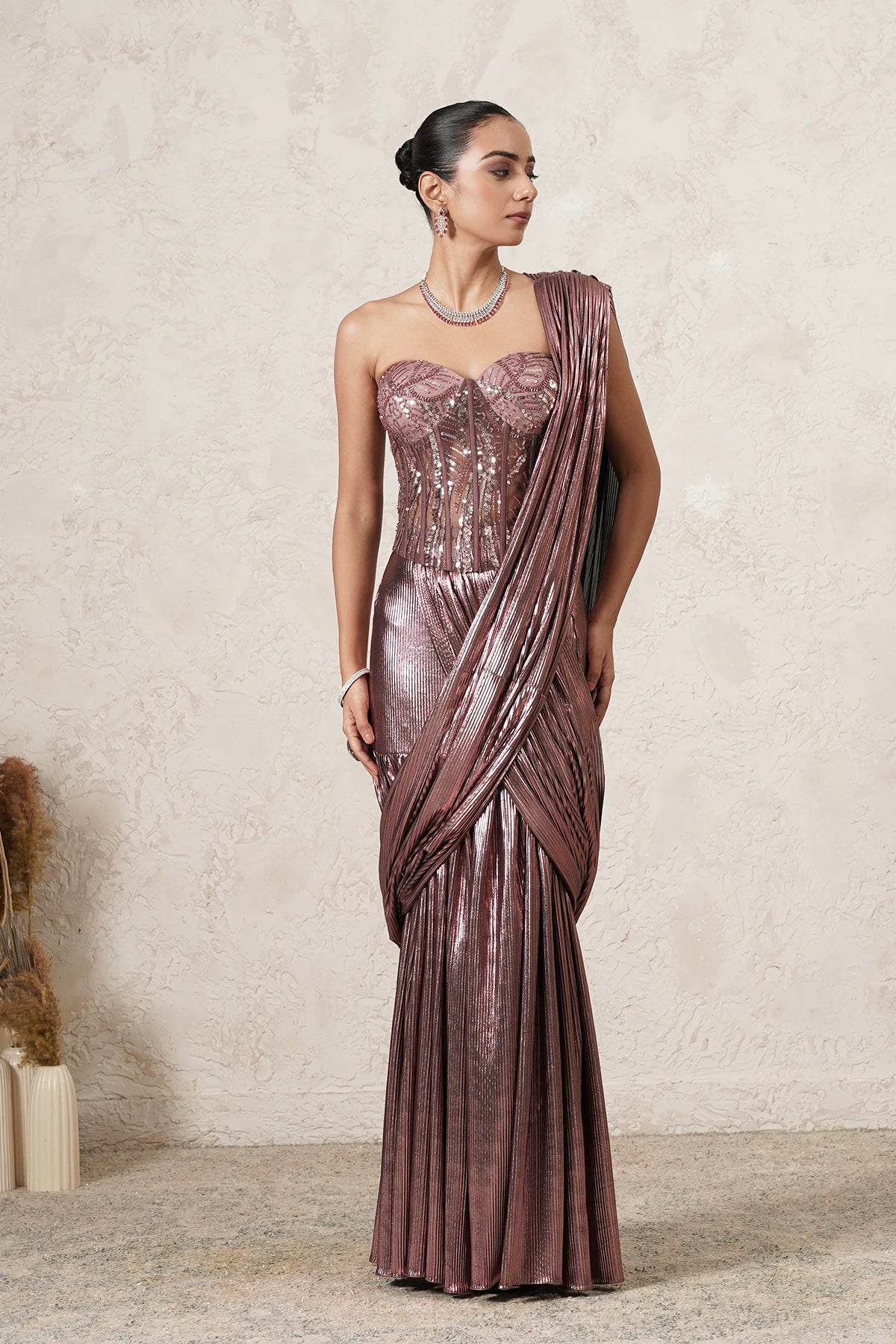 Masoom embroidered corset blouse with Metallic Pre-Draped Saree