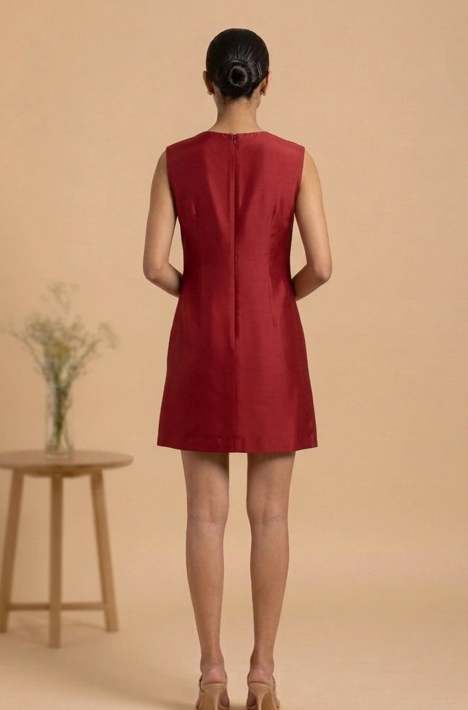 Liora - Red Hand-Embroidered Floral Chanderi Cotton Mini Dress
