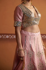 Kalidar blush pink hand embroidered lehenga with blouse and dupatta image 3