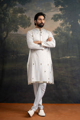 Frost grey gold fully hand embroidered mirror kurta set image 2