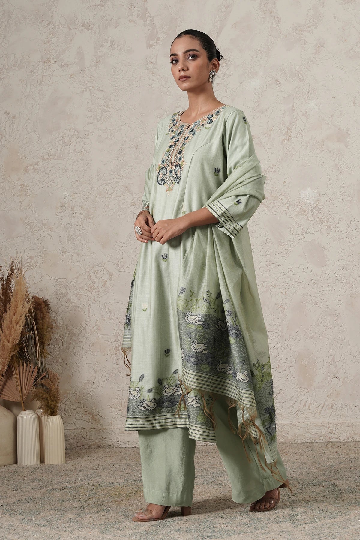 Dhaani Hand-Embroidered Kurta Set with Pants & Dupatta | Sage Green | Chanderi & Satin | Women | THETAA