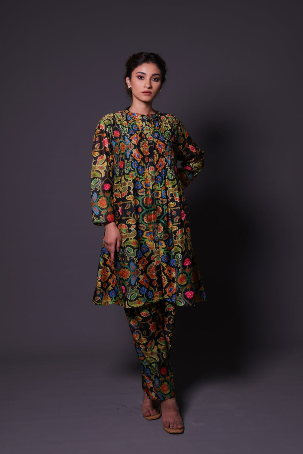 Printed Pin-Tuck Kurti with Hand Embroidery image 0