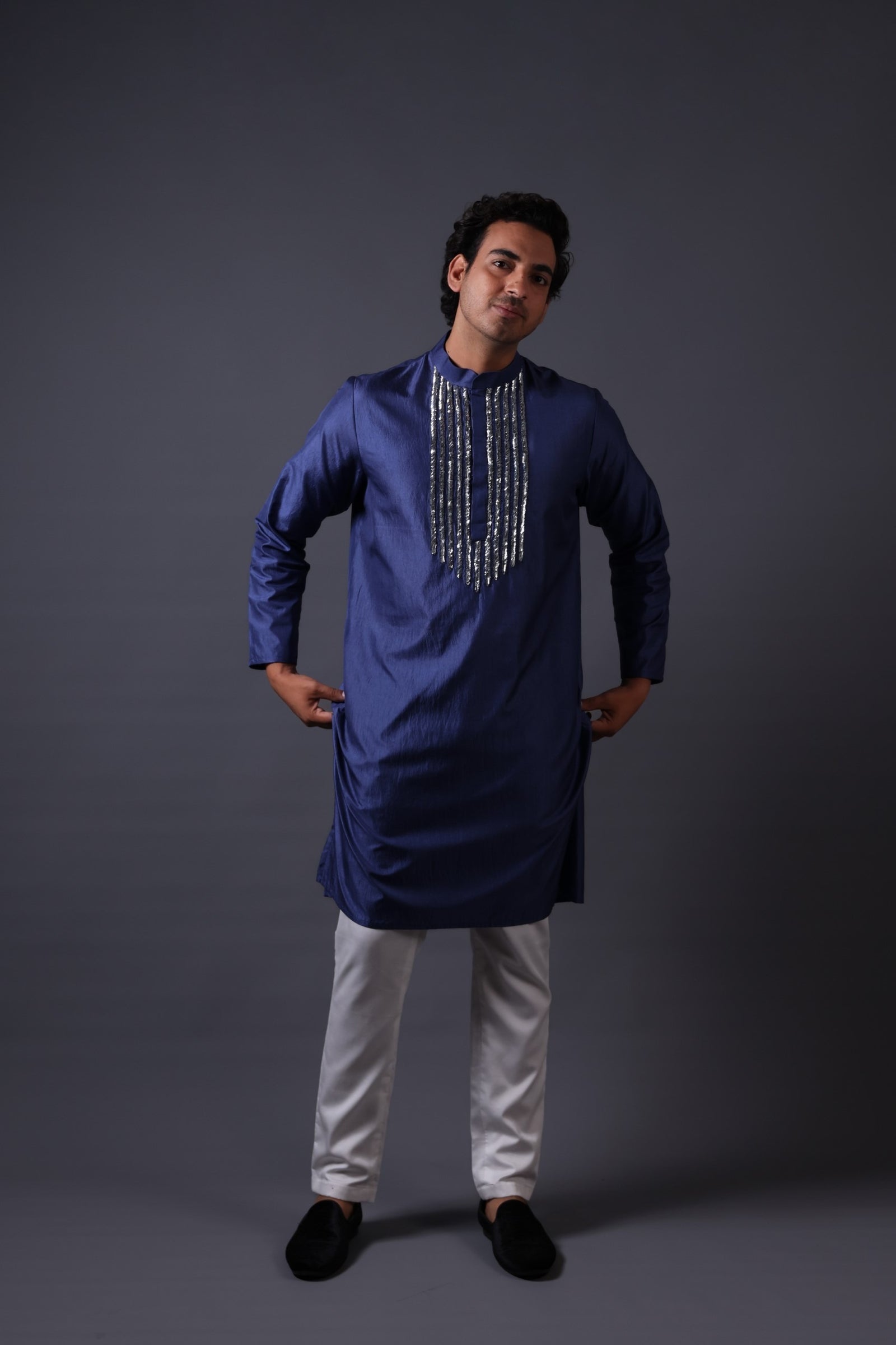 Frost grey gold fully hand embroidered mirror kurta set image 6