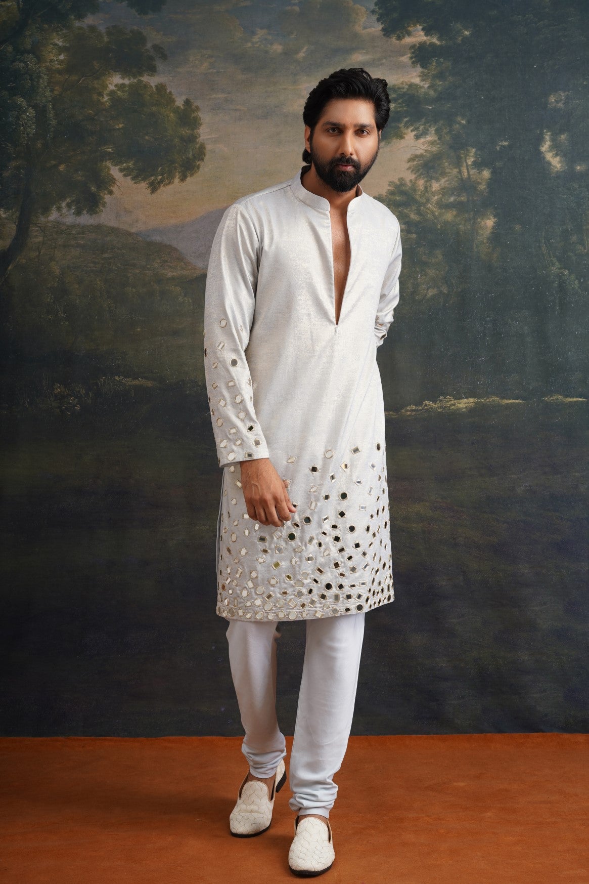 Silver ash Hand-Embroidered Mirror Work Kurta Set image 2