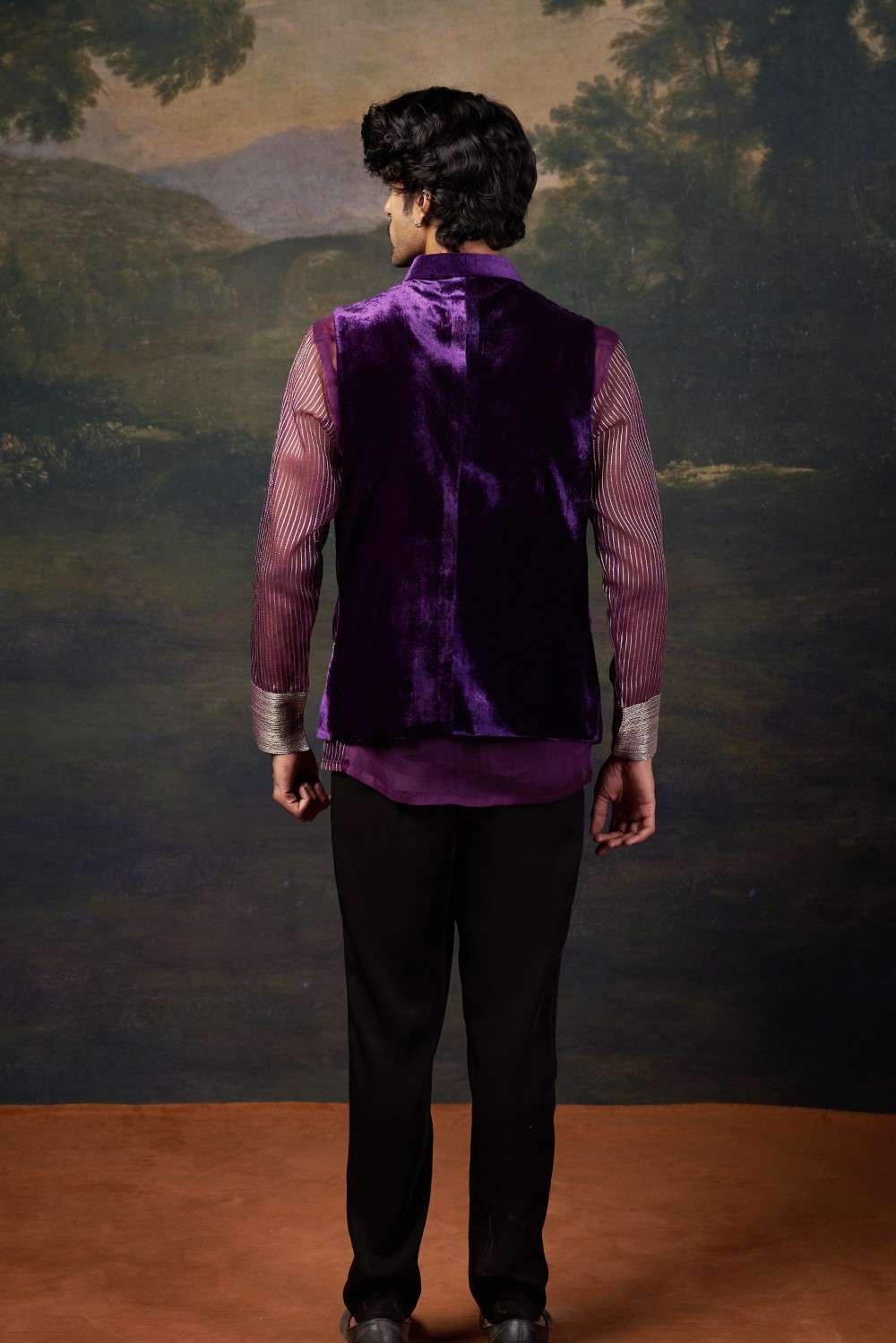 Hand-Embroidered Nehru Jacket with embrodiered organza shirt and pants image 5