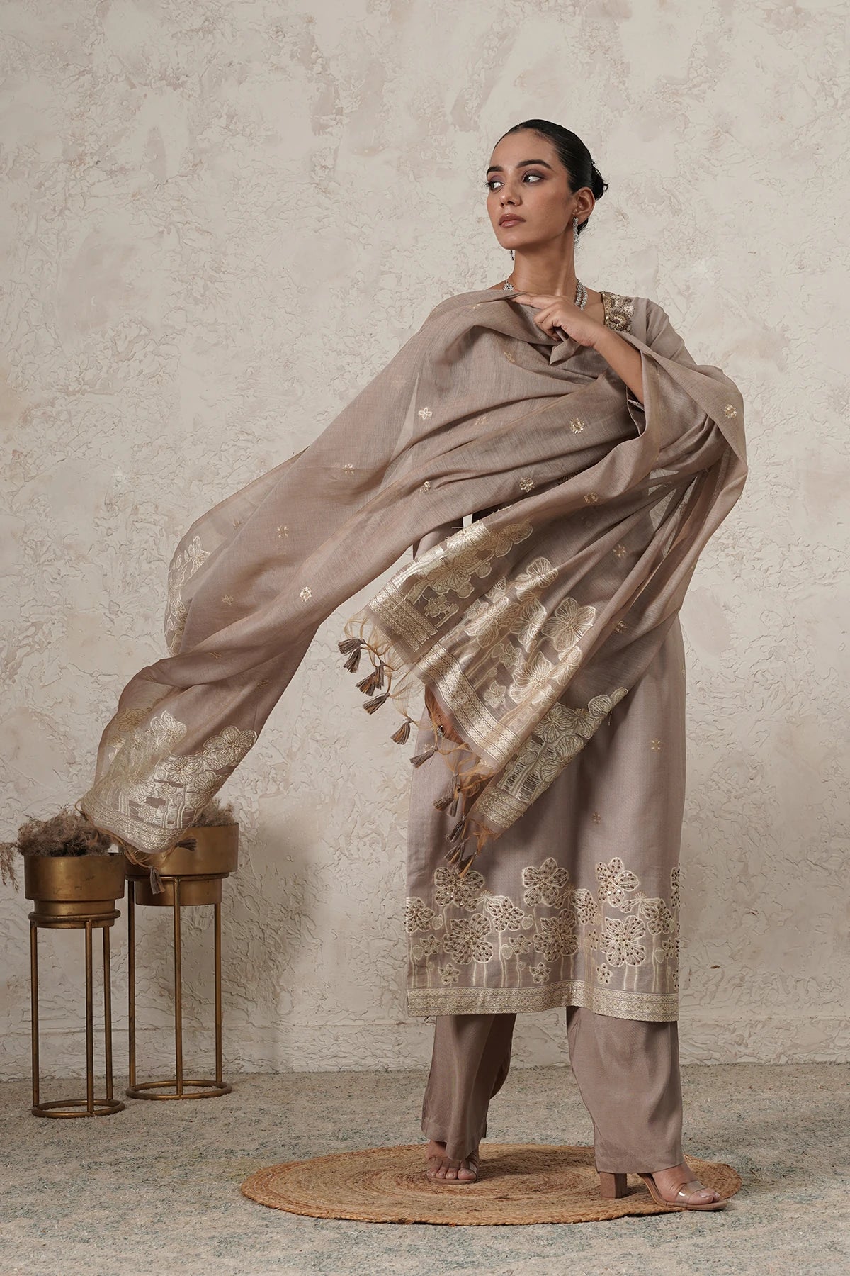 Thehraav Hand-Embroidered Kurta Palazzo Set with Dupatta | Beige | Chanderi & Satin | Women | THETAA