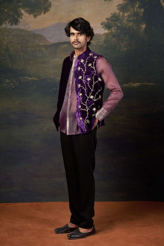 Hand-Embroidered Nehru Jacket with embrodiered organza shirt and pants image 0