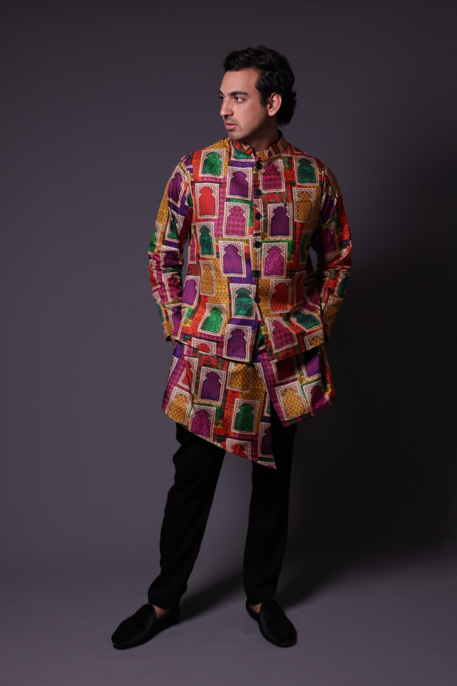 Nehru Jacket With Asymmetrical Kurta And Pant image 0
