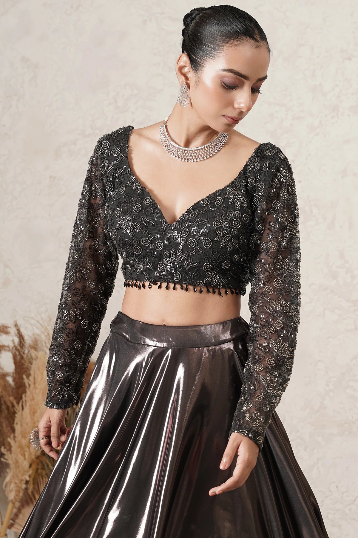 Saaya Metallic Lehenga Set with Hand-Embroidered Blouse & Dupatta | Gunmetal | Polyester & Net | Women | THETAA