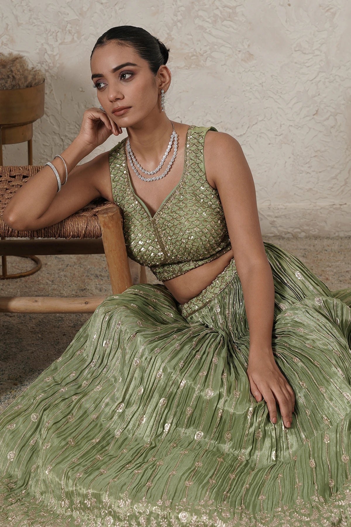 Hina Crushed Lehenga Set with Hand-Embroidered Blouse & Dupatta | Green | Polyester | Women | THETAA
