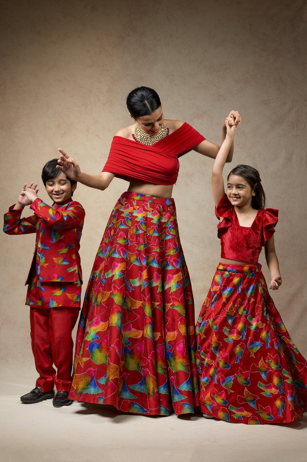 Hand Embroidered birds print twinning set for Mom + Daughter + Son image 0