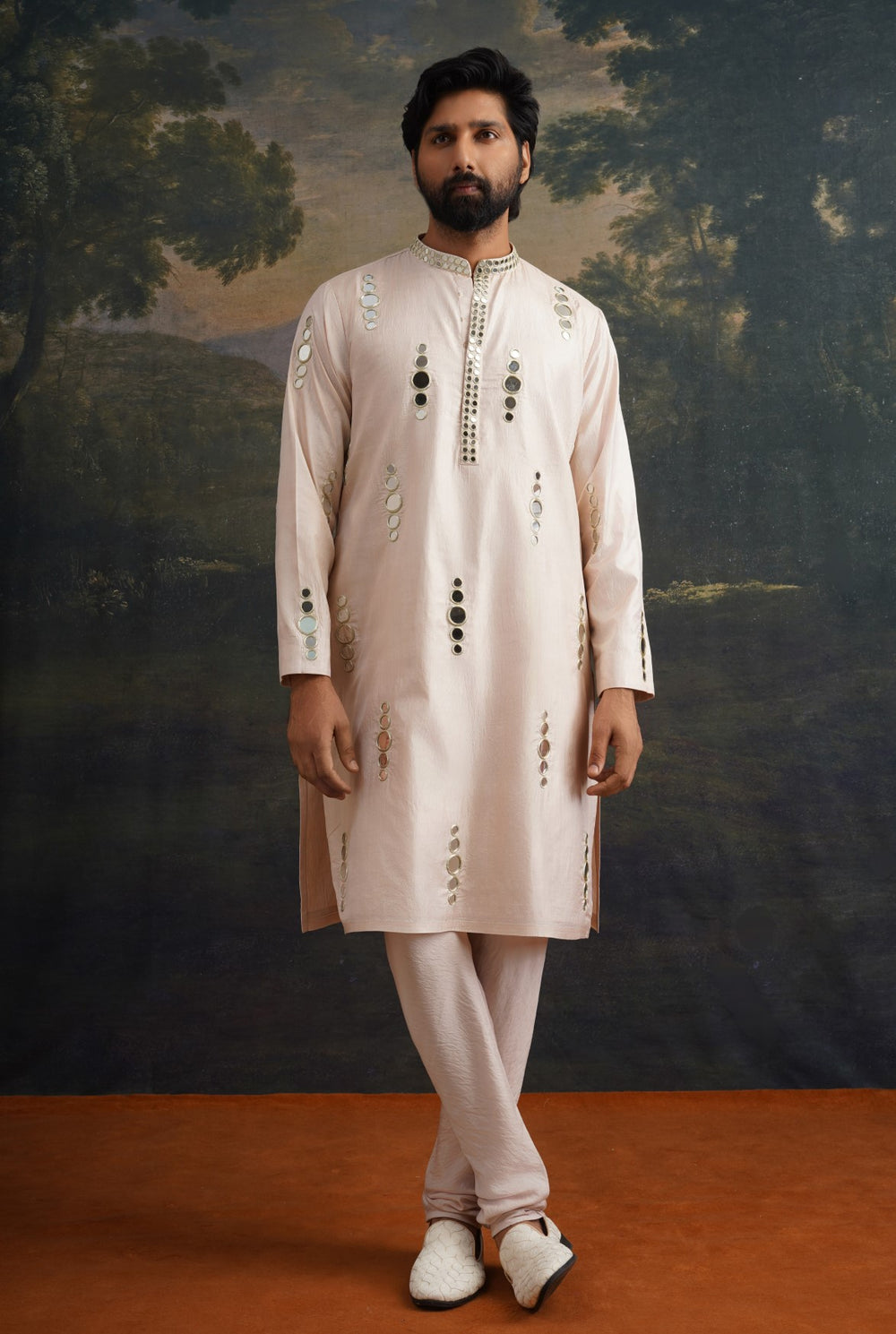 Beige hand embroidered Mirror Work Kurta with Matching Pant image 4