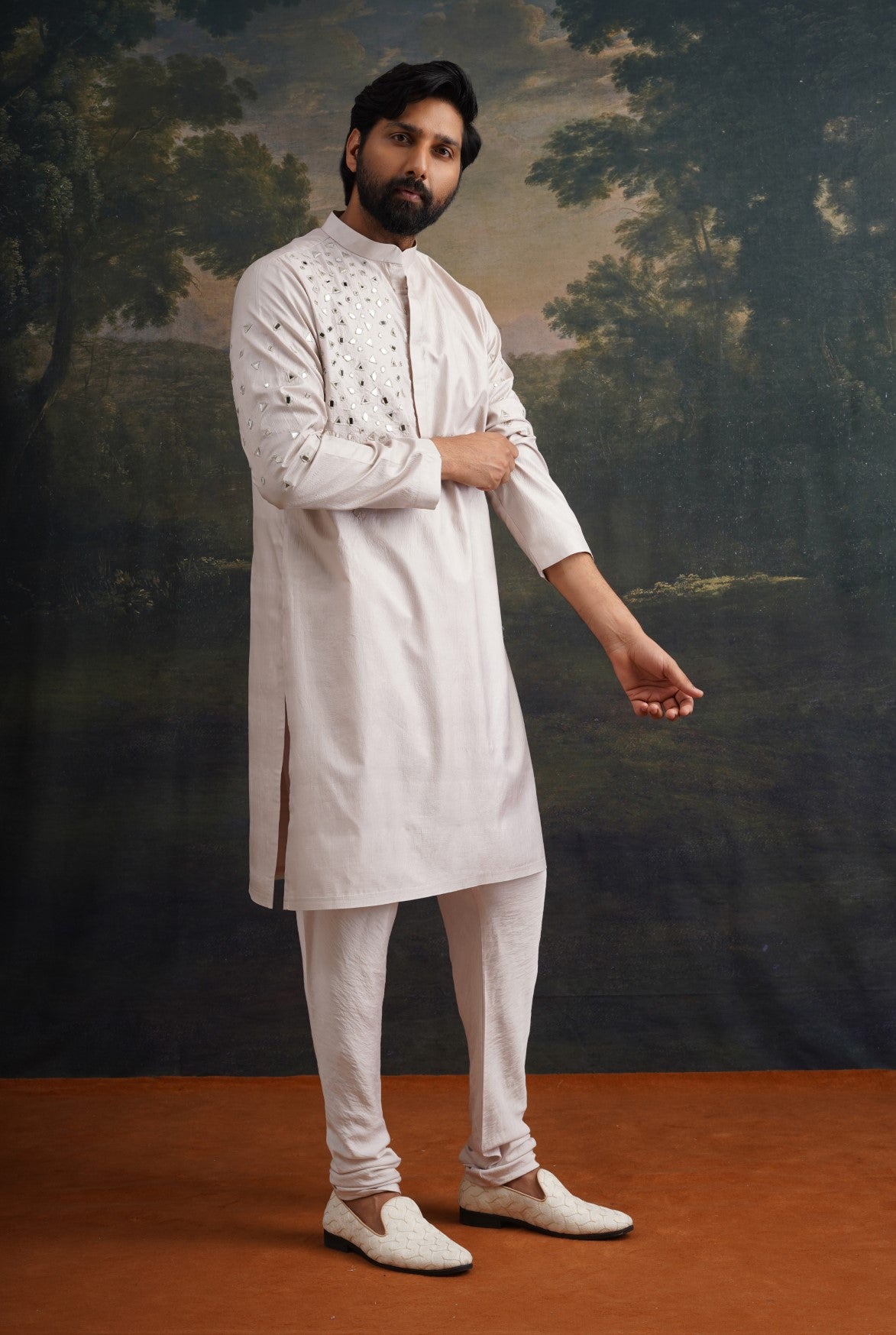 Champagne Hand embroidered Mirror Work Kurta with Matching Pyjama image 2