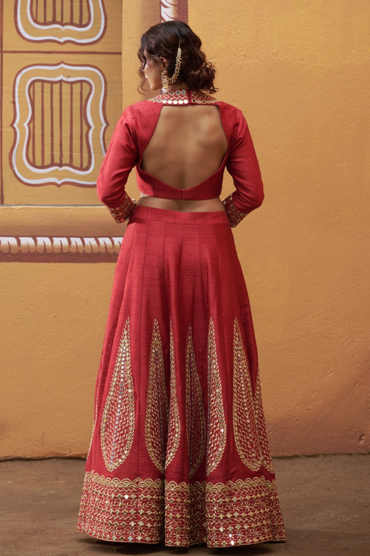 Agni - Red Mirror Work Embroidered Kalidar Lehenga Set