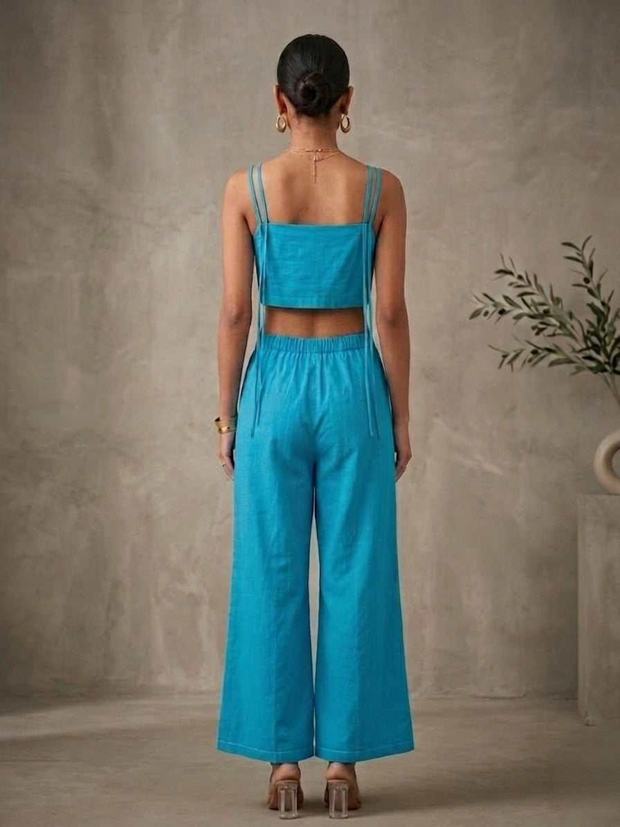 Celeste - Blue Hand-Embroidered Cotton Poplin Jumpsuit