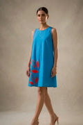 Amara -Teal Blue Hand-Embellished Floral Appliqué Cotton Poplin Dress