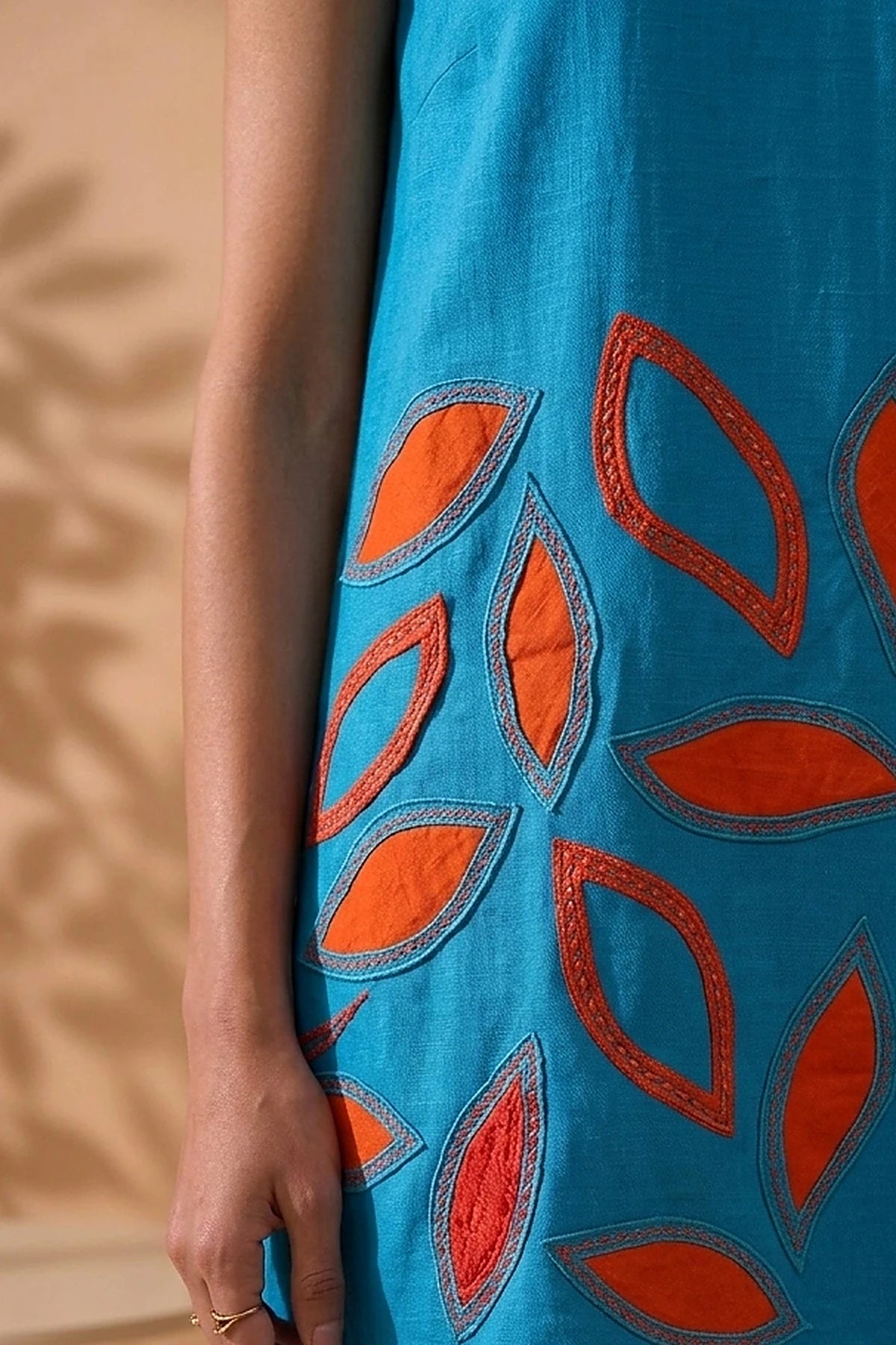 Amara -Teal Blue Hand-Embellished Floral Appliqué Cotton Poplin Dress