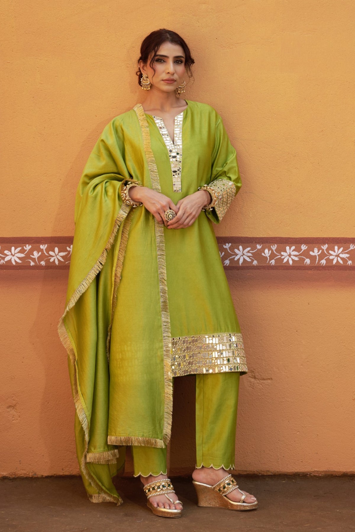 Aranya Green Chanderi Silk Mirror Work Kurta Set