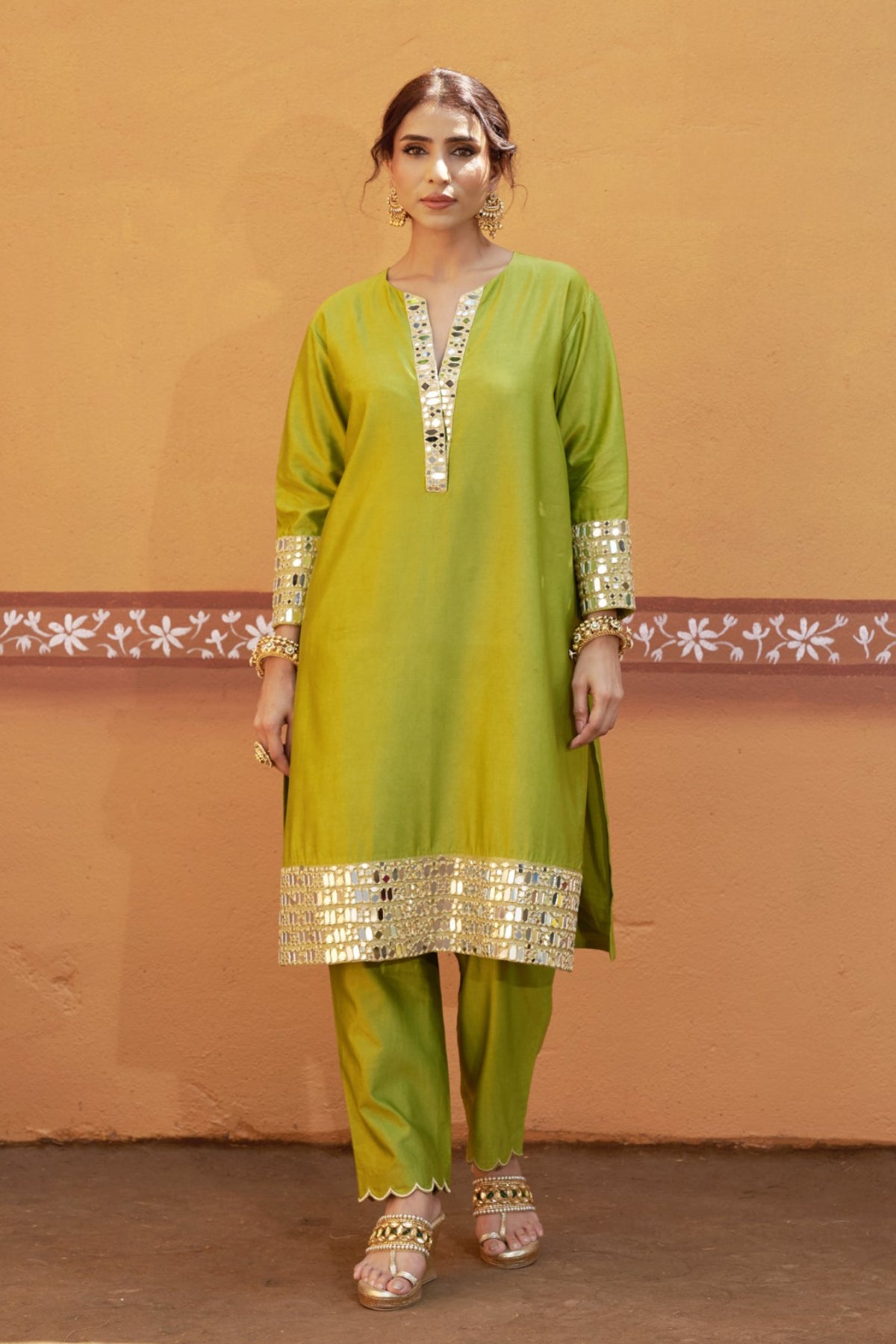 Aranya Green Chanderi Silk Mirror Work Kurta Set