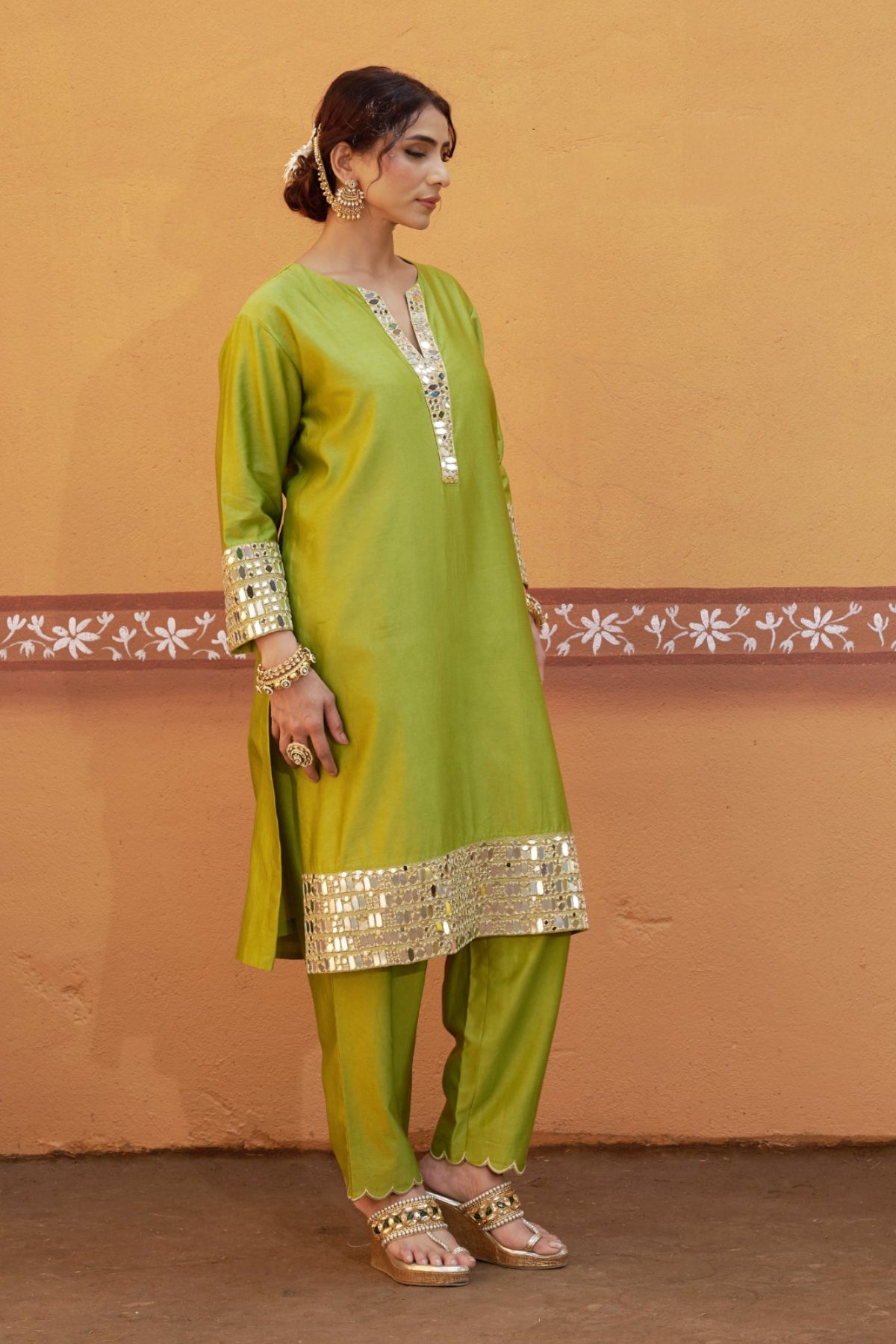 Aranya Green Chanderi Silk Mirror Work Kurta Set