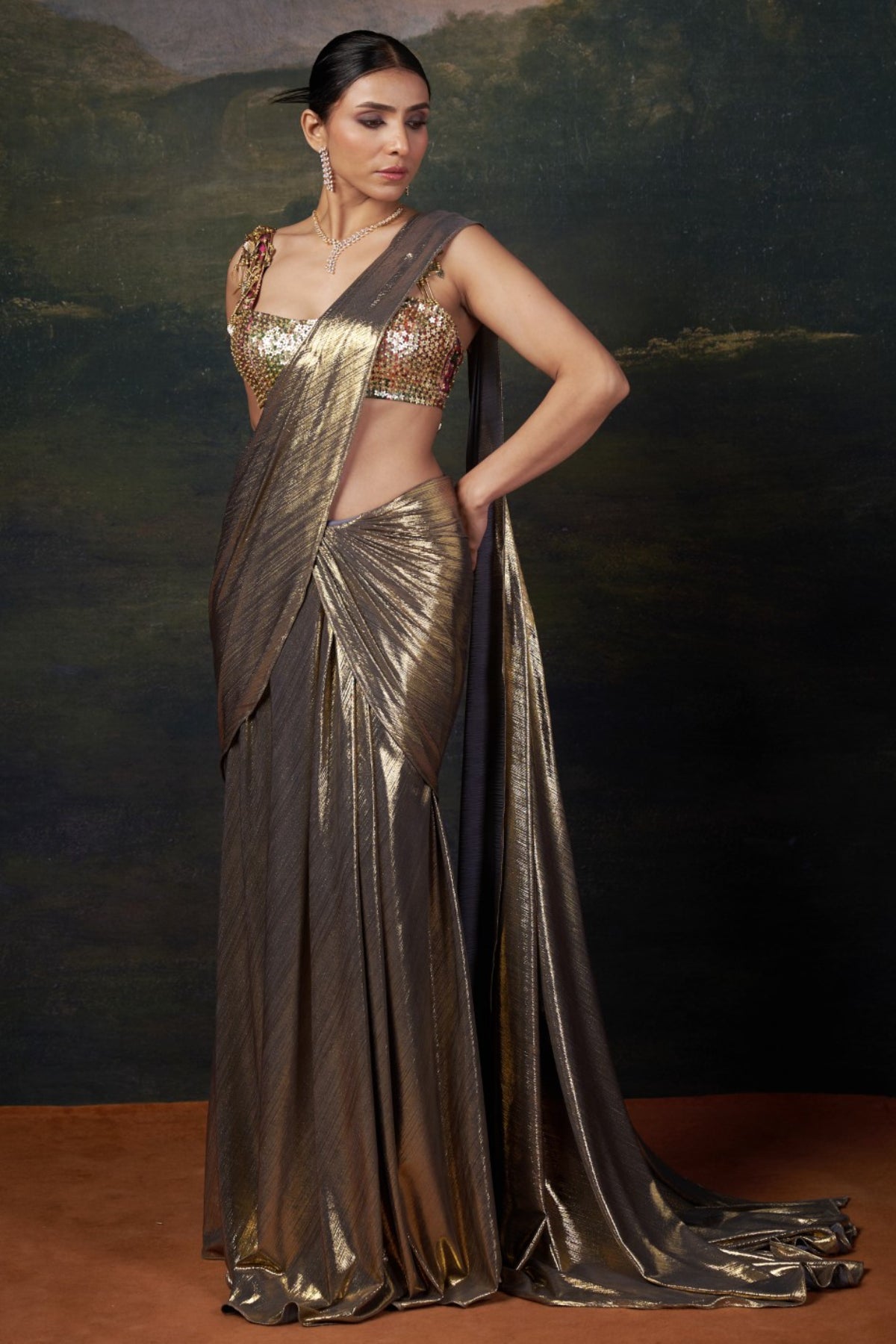 Hemali - Gold Heavy Hand-Embroidered Blouse With Pre-Draped Saree