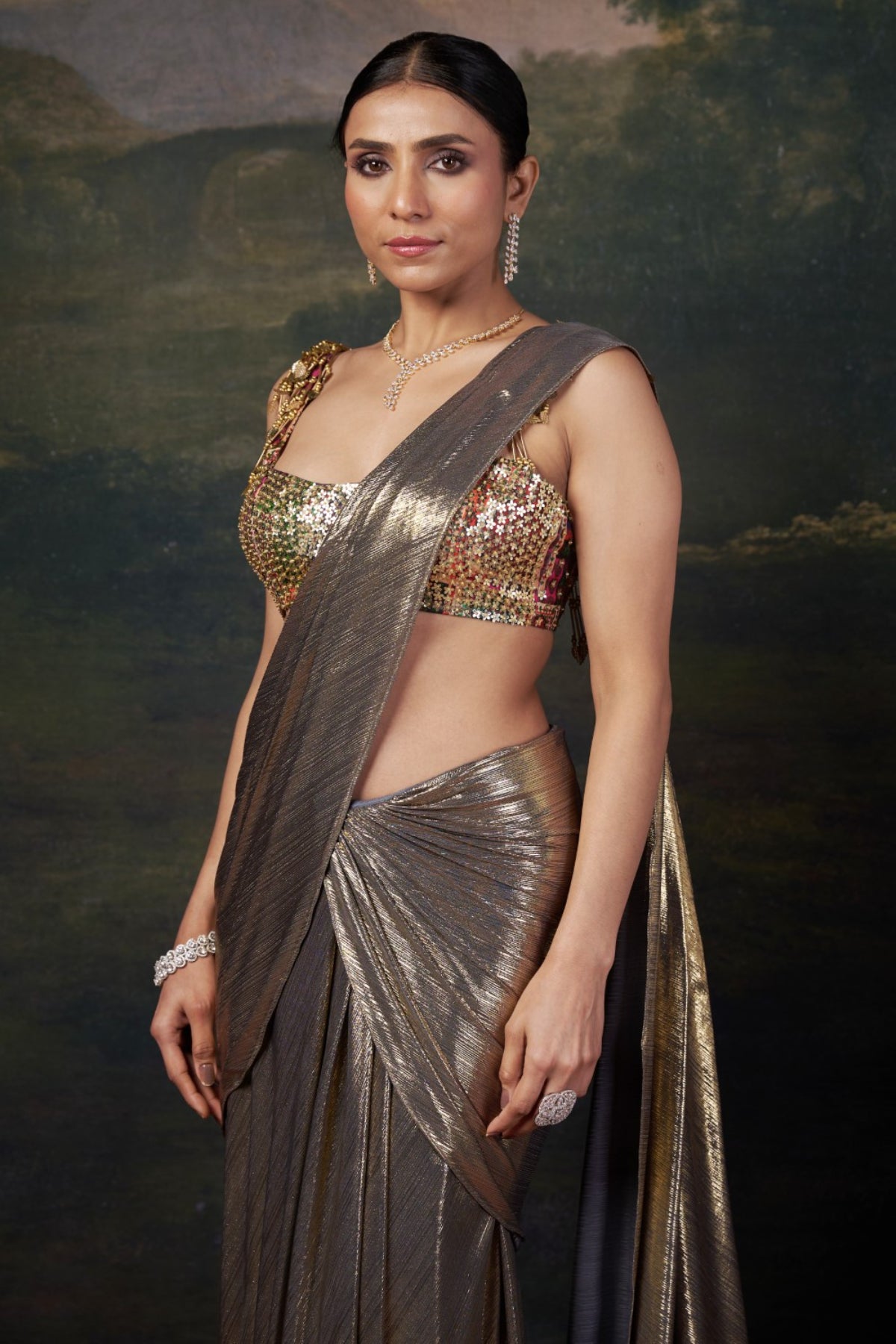 Hemali - Gold Heavy Hand-Embroidered Blouse With Pre-Draped Saree
