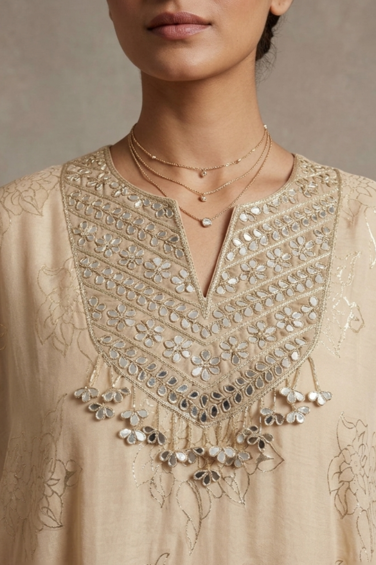 Ivory Blossom- Beige Hand-Embroidered Chanderi Silk Kaftan Set