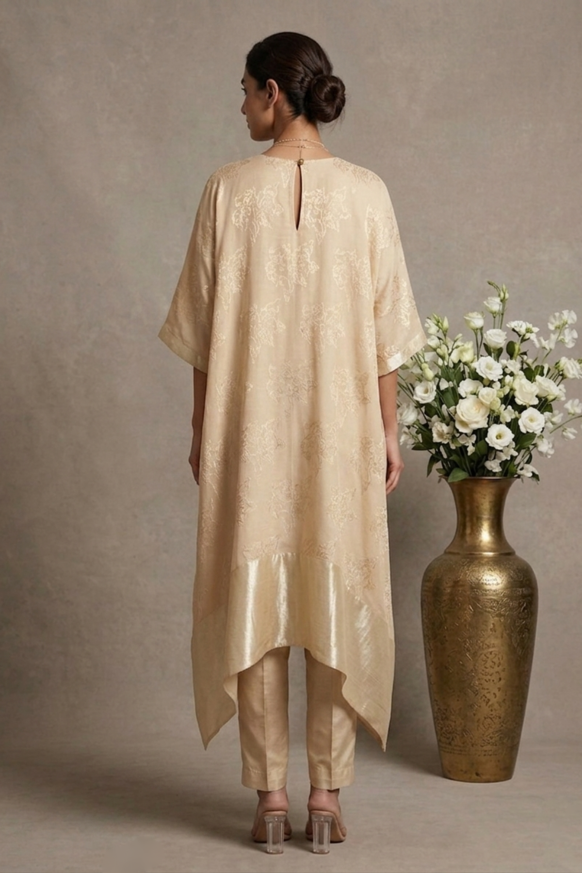 Ivory Blossom- Beige Hand-Embroidered Chanderi Silk Kaftan Set
