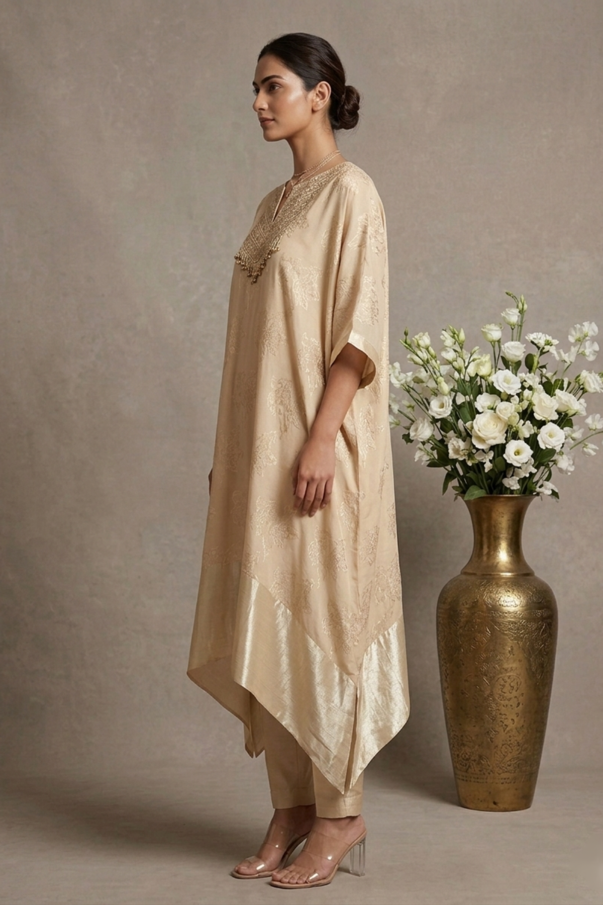 Ivory Blossom- Beige Hand-Embroidered Chanderi Silk Kaftan Set