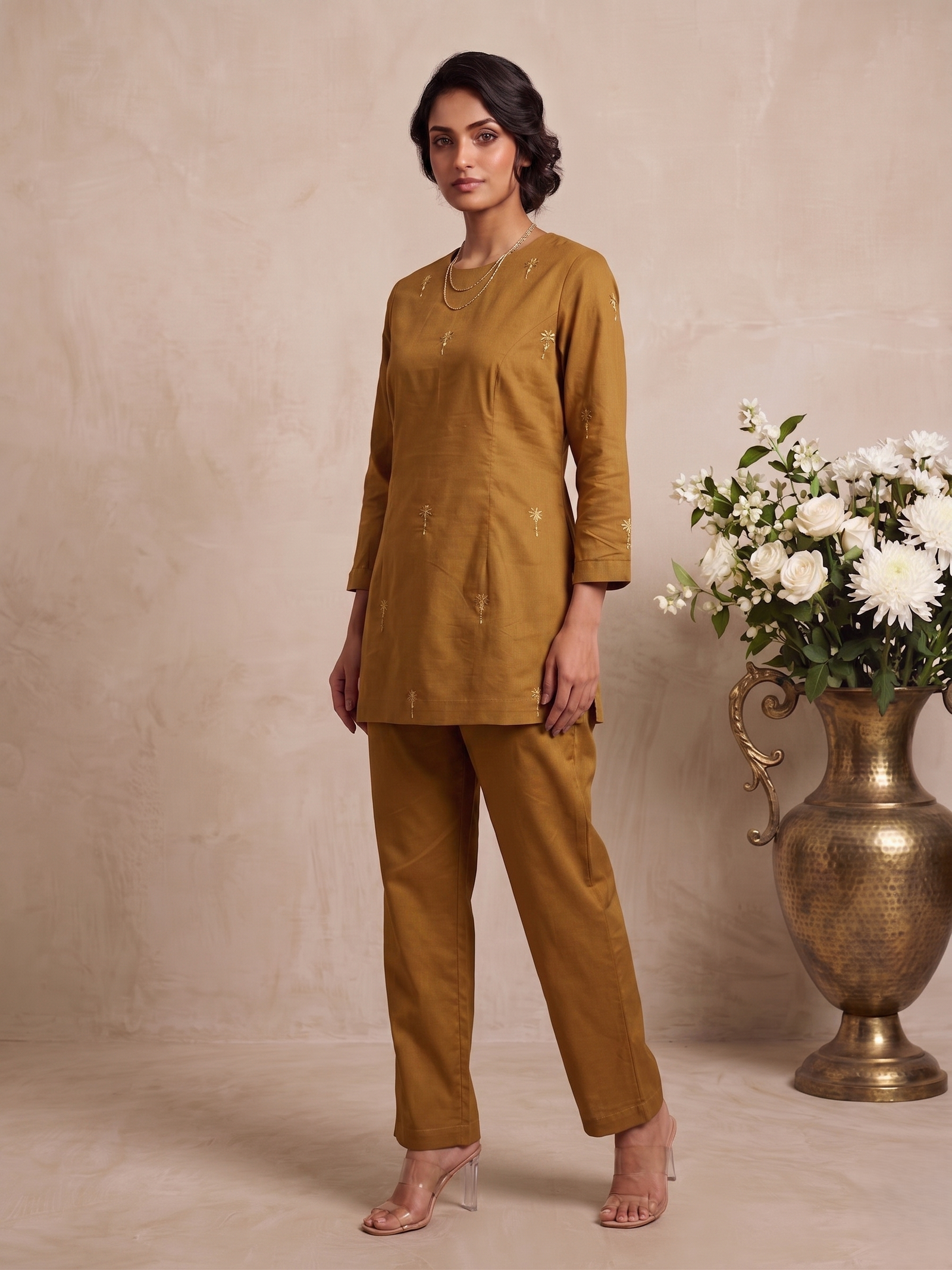 Honey Dusk Brown Hand-Embroidered Cotton Co-ord Set