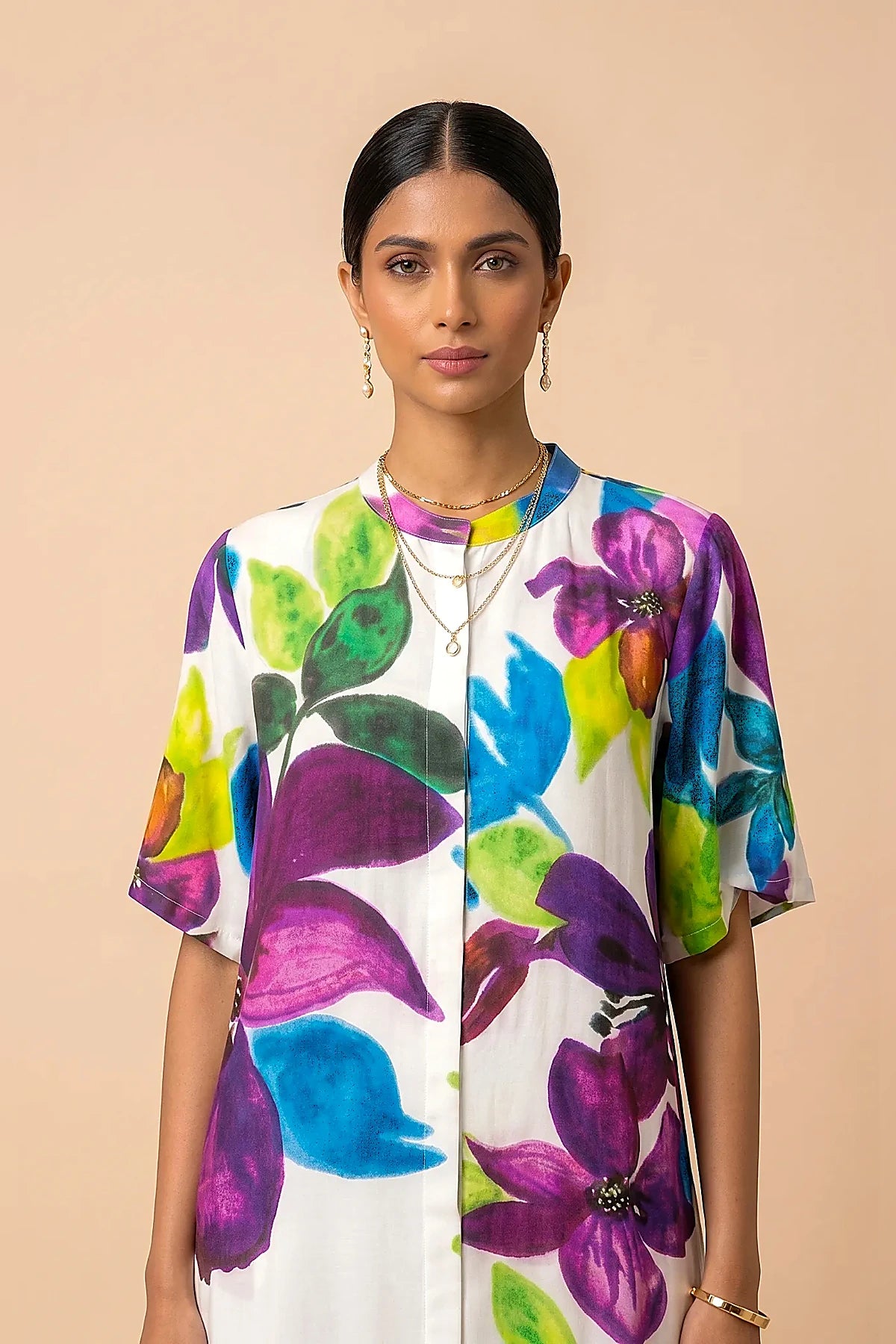 Calista - White & Purple Floral Print Silk Shantoon Midi Dress