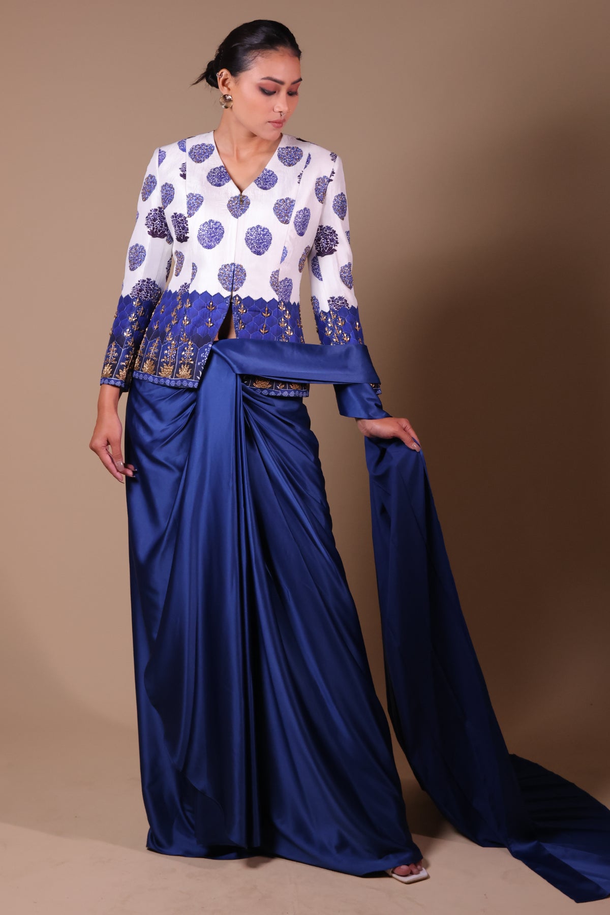 Neeli Buuti Blue Pre-Draped saree with hand embroidered Jacket