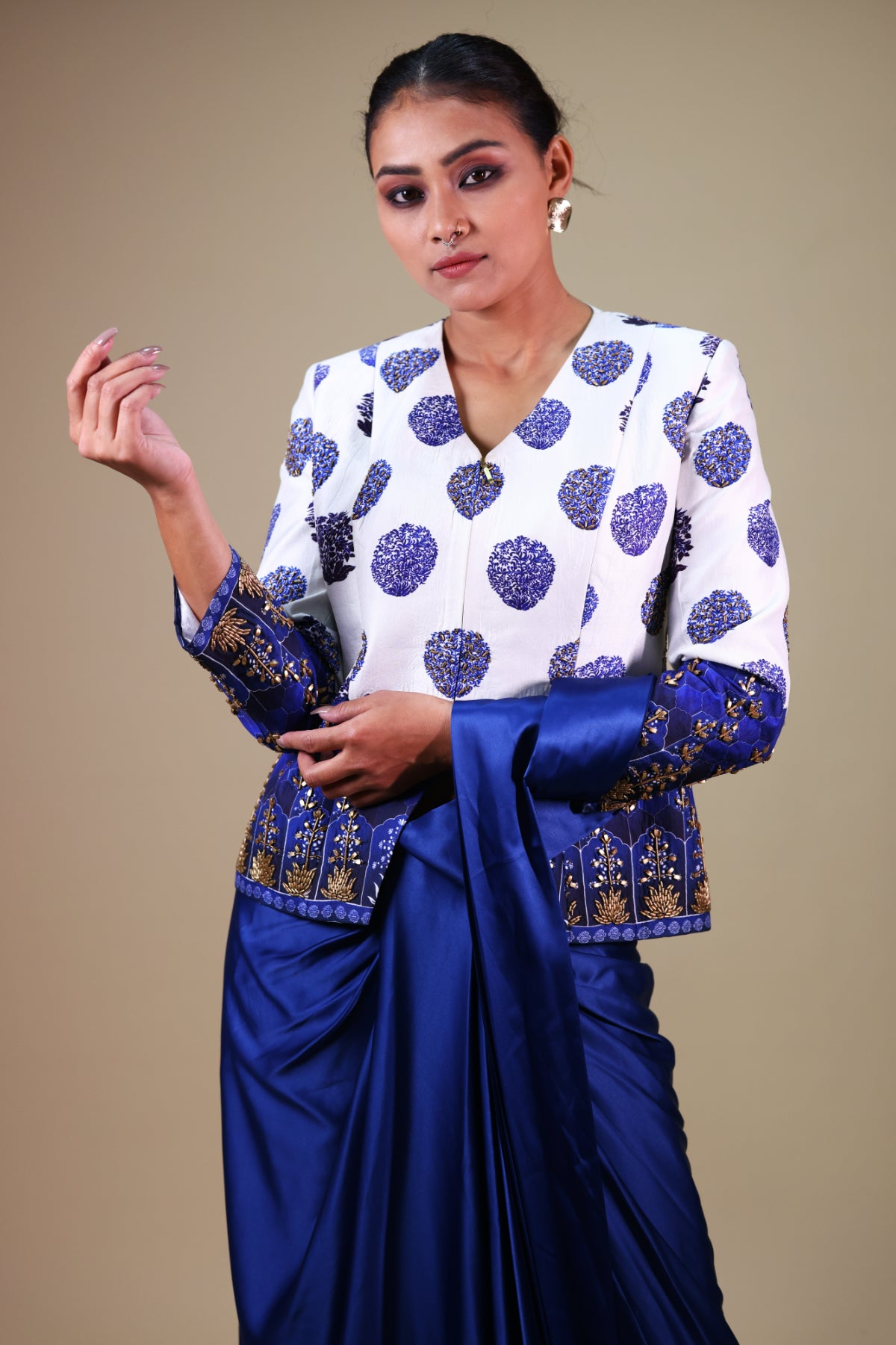 Neeli Buuti Blue Pre-Draped saree with hand embroidered Jacket