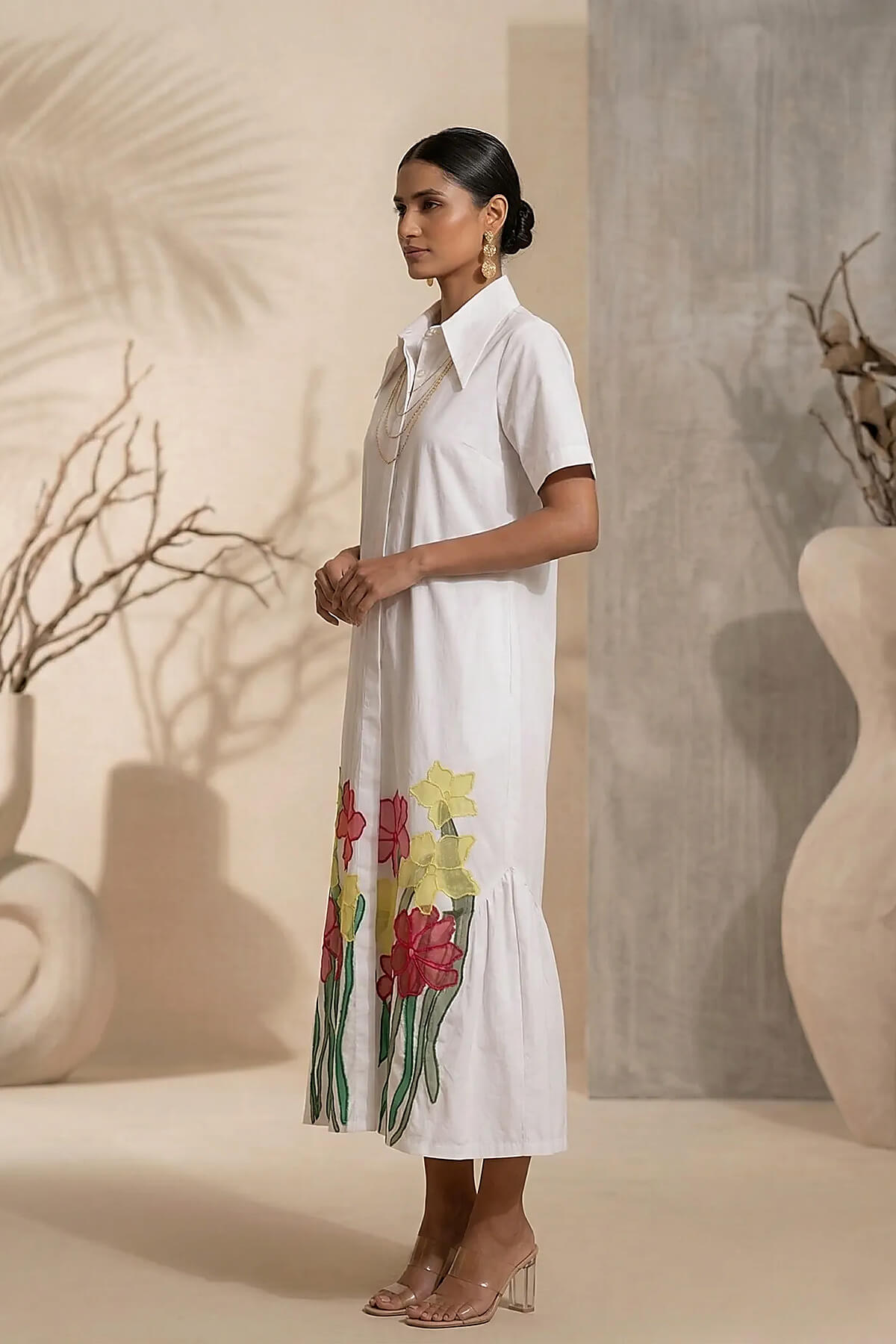 Cerise - White Hand-Embroidered Cotton Poplin Shirt Dress