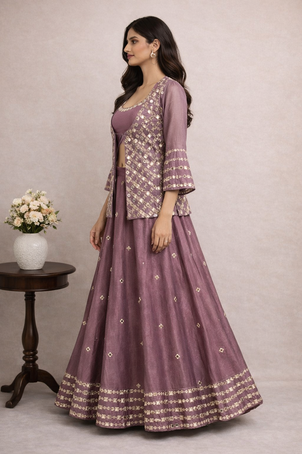 Wine Hand-Embroidered Jacket Lehenga Set
