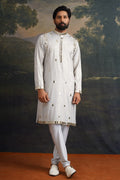 Dhruv Frost Grey Gold Fully Hand Embroidered Mirror Kurta Set