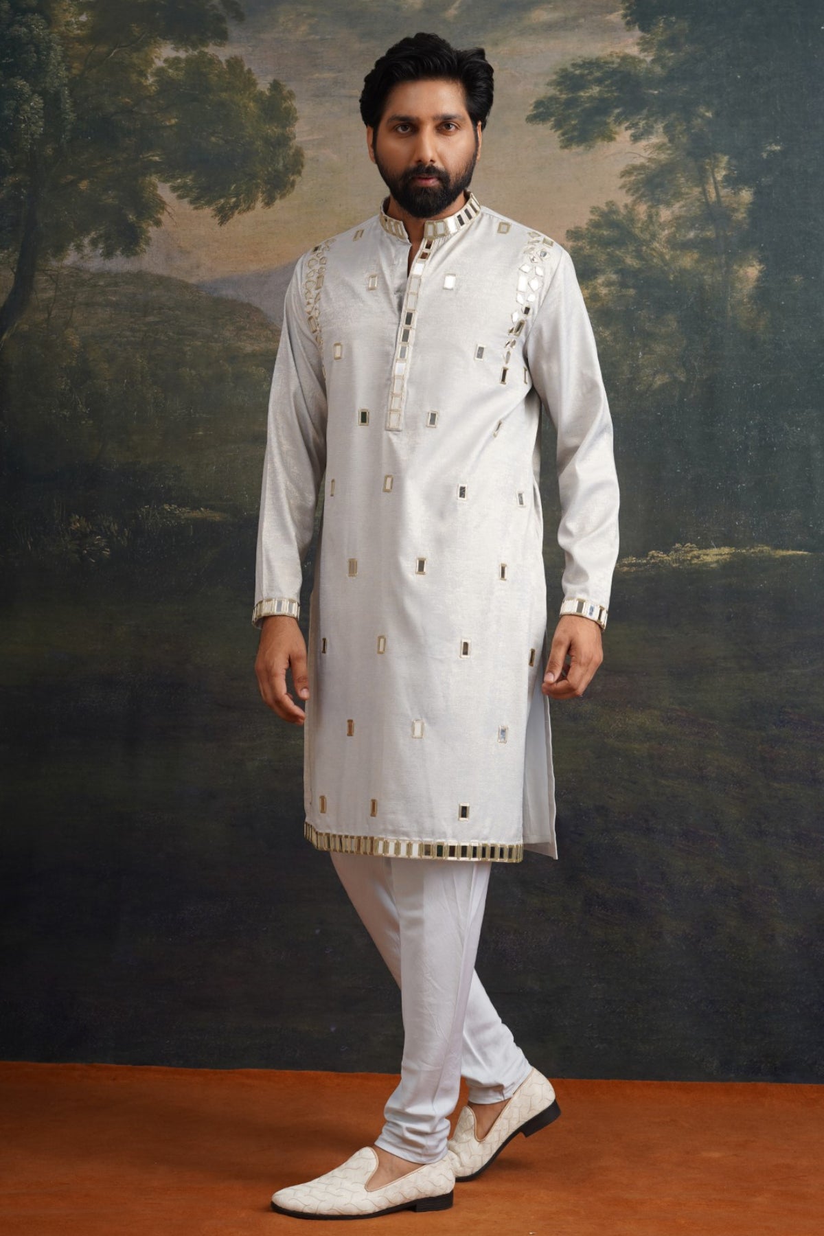 Dhruv Frost Grey Gold Fully Hand Embroidered Mirror Kurta Set