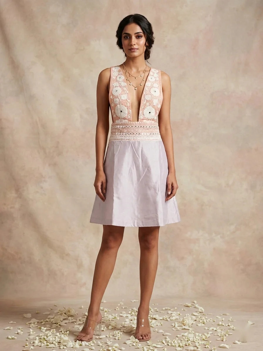 champagne and pink dress Champagne Pink Hand-Embroidered Chanderi Cotton Dress – THETAA
