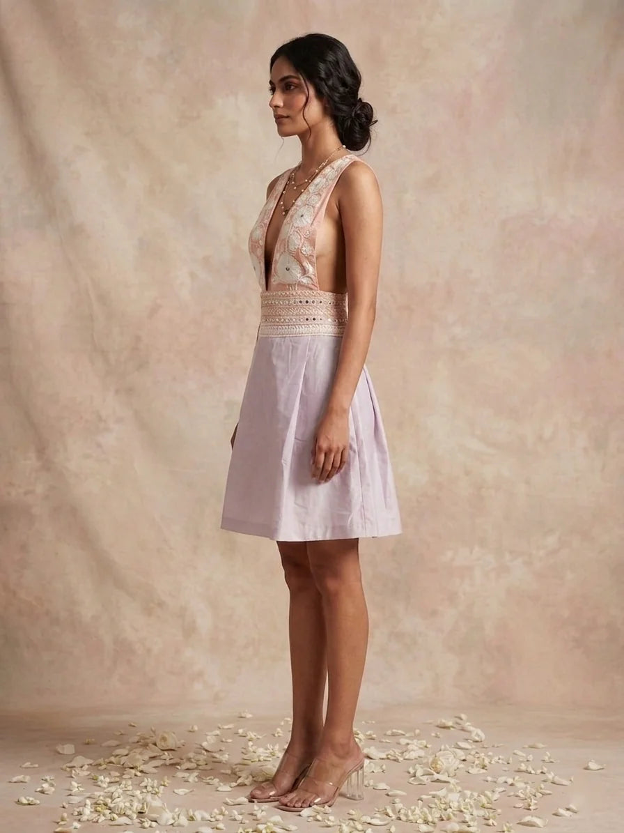 Champagne Pink Hand-Embroidered Chanderi Cotton Dress – THETAA
