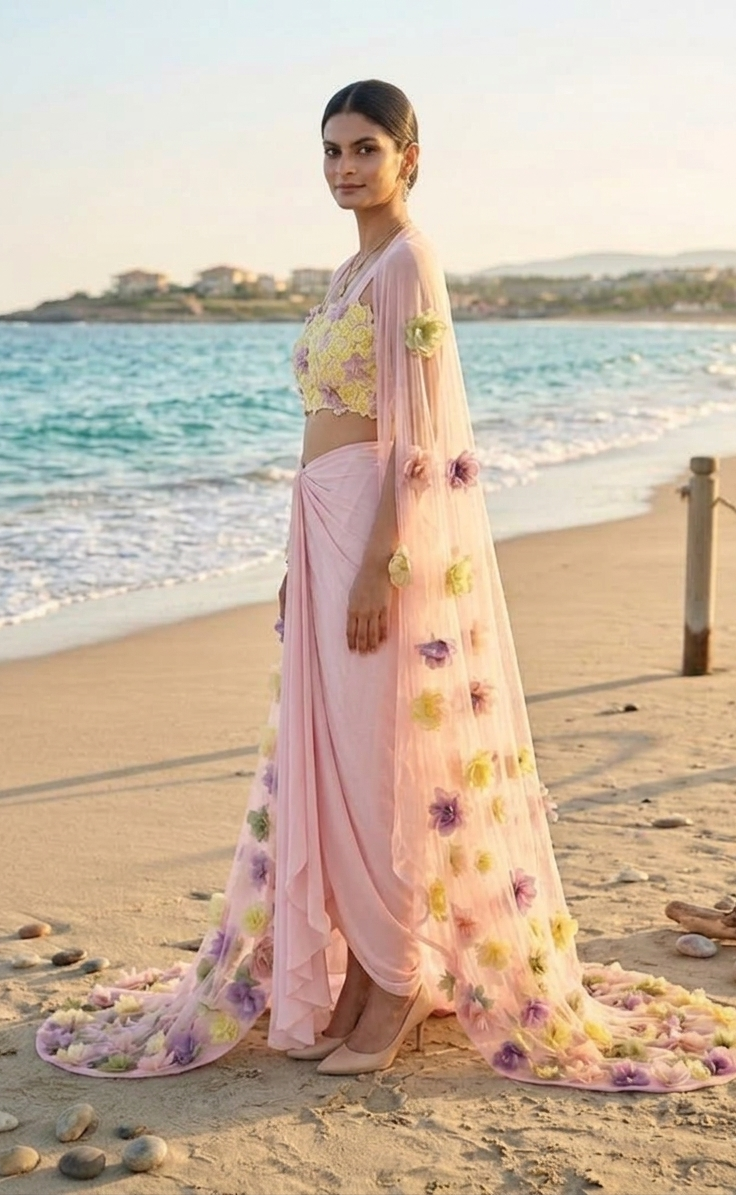 Floral dhoti set with cape