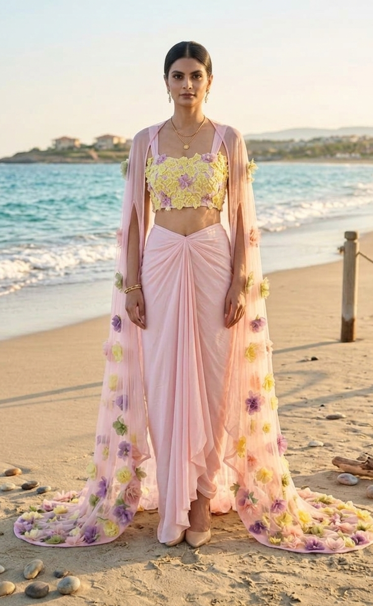 Floral dhoti set with cape
