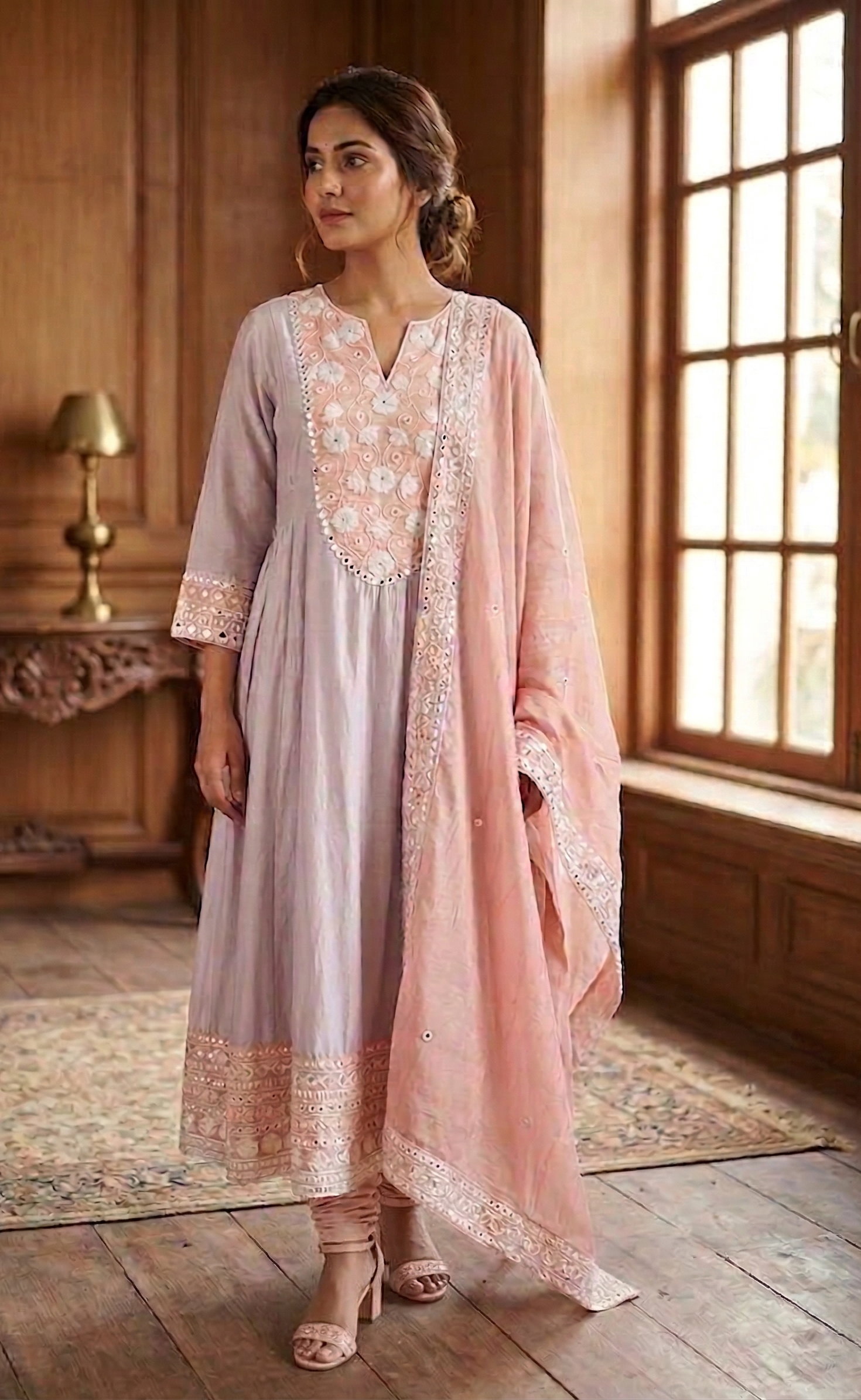 Champagne Beige Thread Hand-Embroidered Anarkali Set With Dupatta