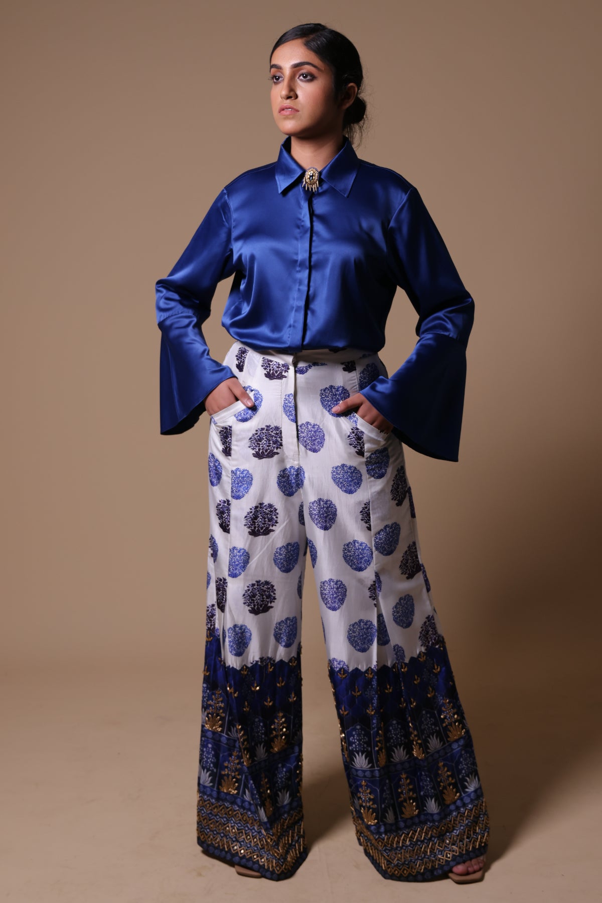 Noor Hand Embroidered Flared Pants With Shirt